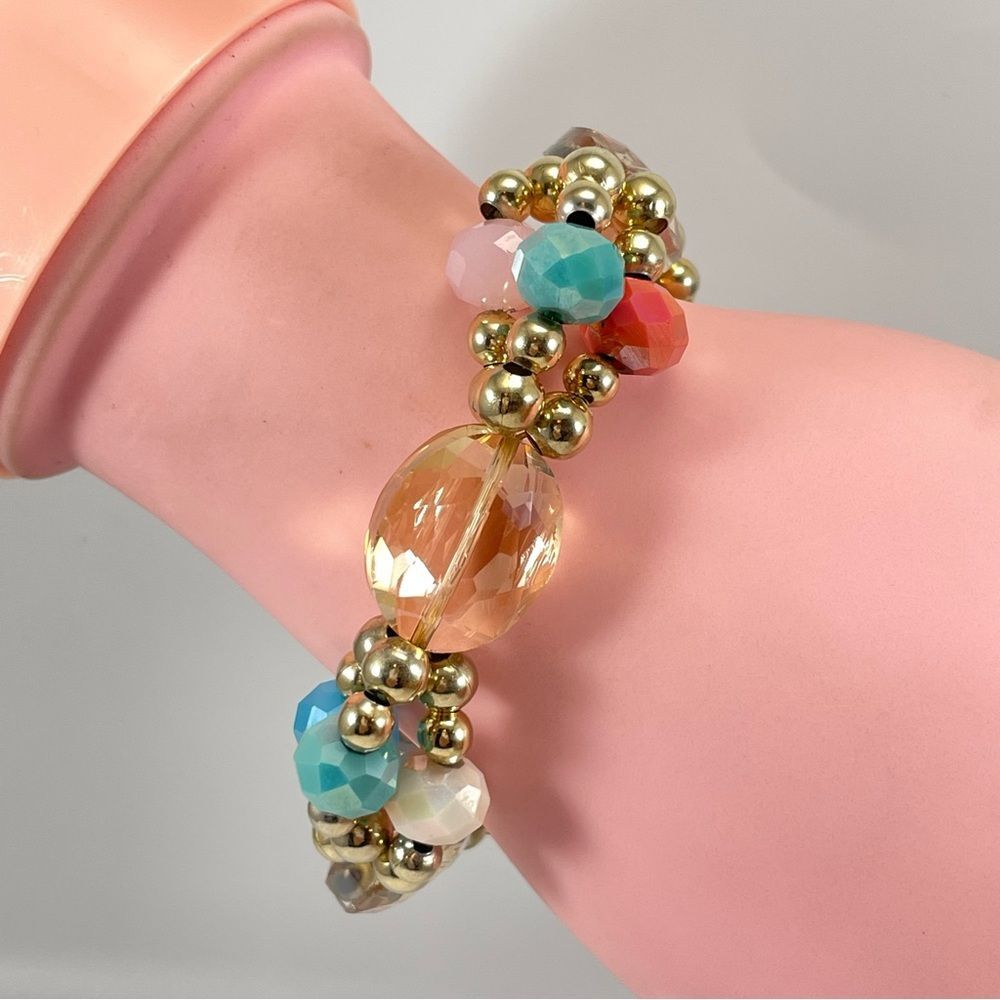 Champagne Pink Blue Glass Beaded Gold Tone Stretch Bracelet Fashion Statement 7”